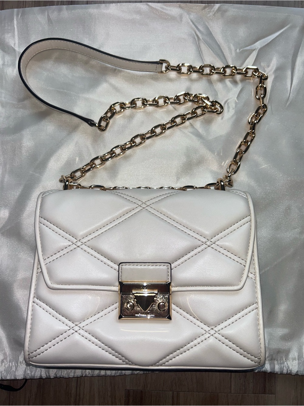 Michael Kors Quilted White Leather Crossbody Bag with Gold Chain Strap